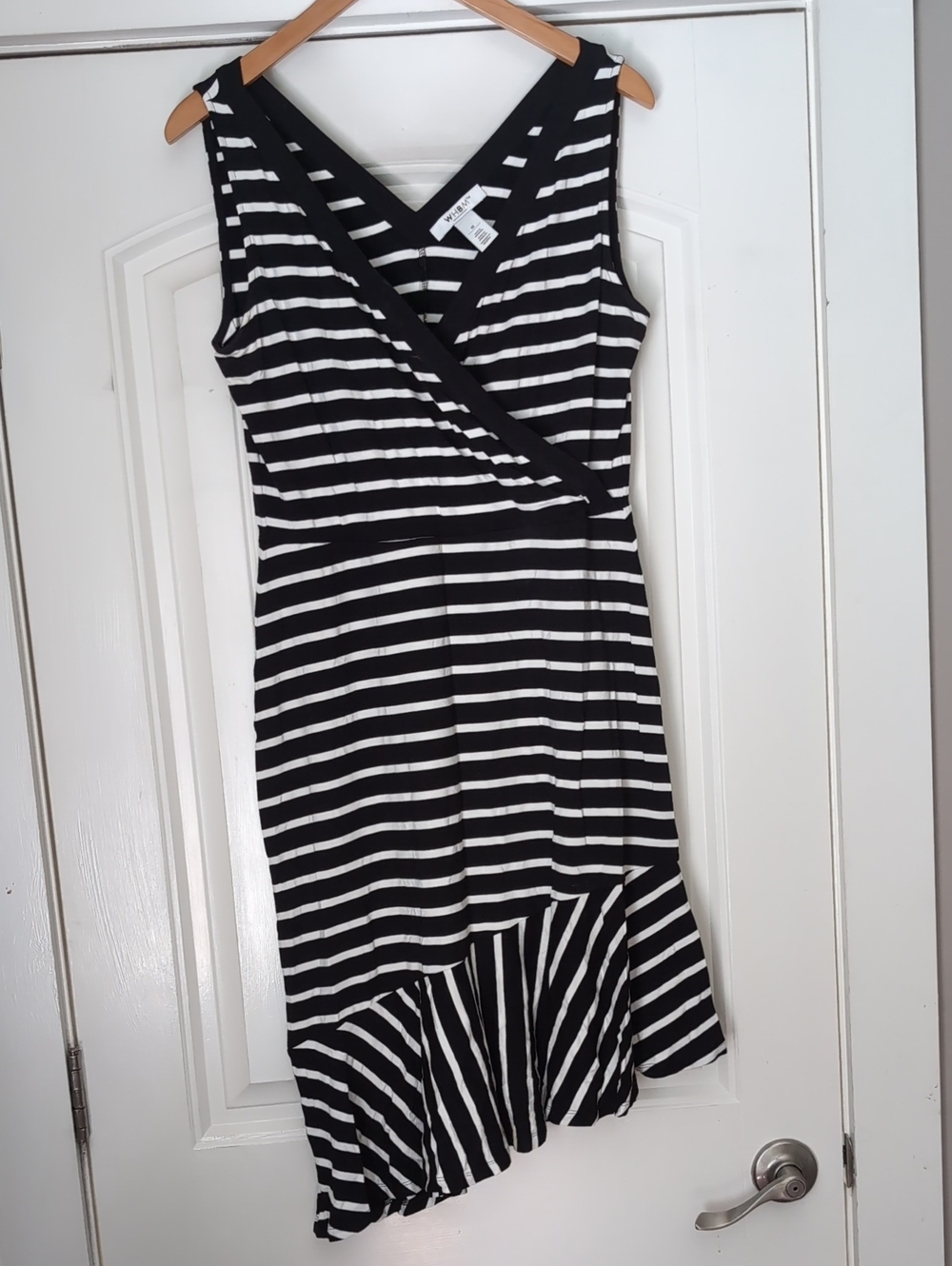 White House Black Market Black and White Striped Asymmetrical Wrap Dress